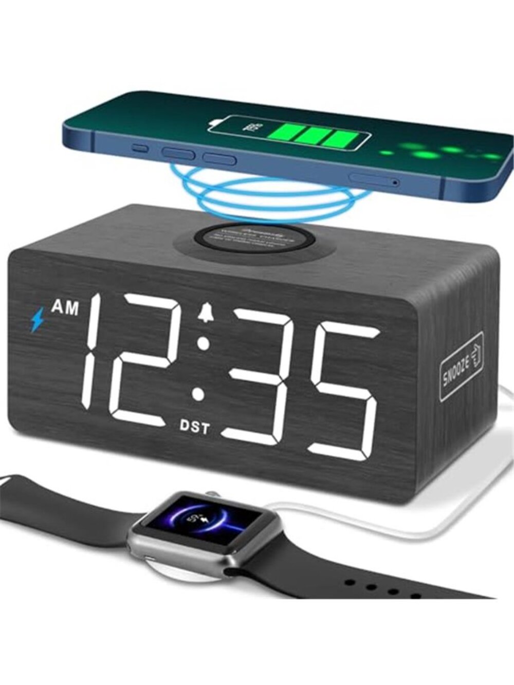 Wood Digital Alarm Clock Wireless Charger Fast Charge USB Port LED Display